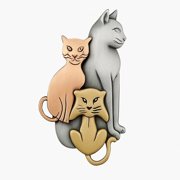 Vintage Trio of Cats Kitten Kitty Tri-Tone Brooch Pin - Picture 4 of 4
